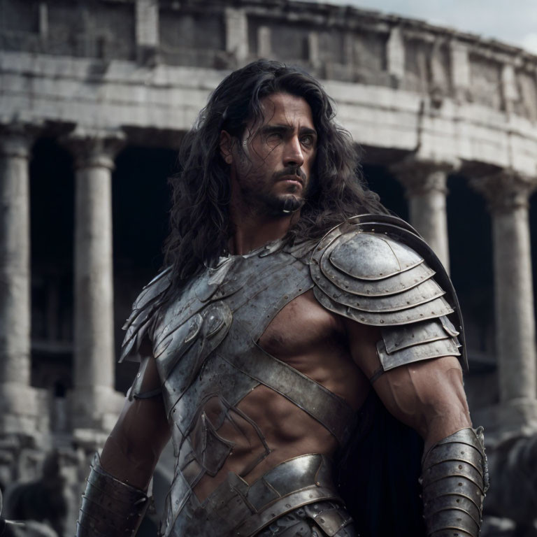 Long-haired man in Roman armor at Colosseum.