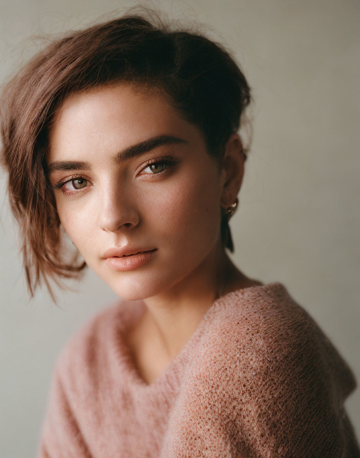 Young woman with tousled short brown hair in dusty pink fluffy sweater poses against neutral backdrop