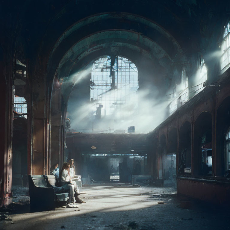 Abandoned building interior with two people on a couch