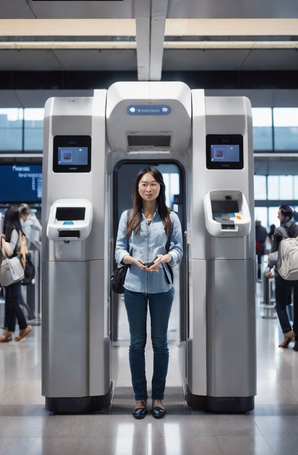 Woman in denim shirt and black pants between passport control kiosks at airport with crowd.