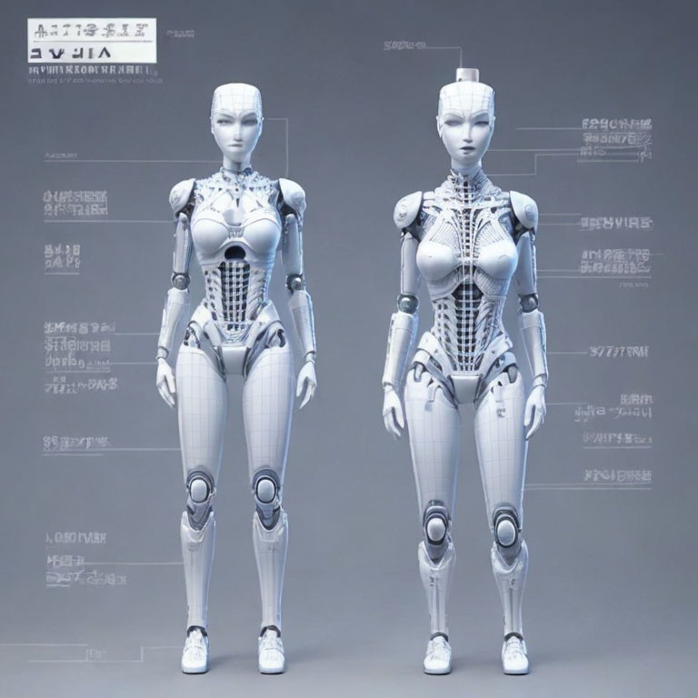 Intricate humanoid robots with technical schematics on grey backdrop