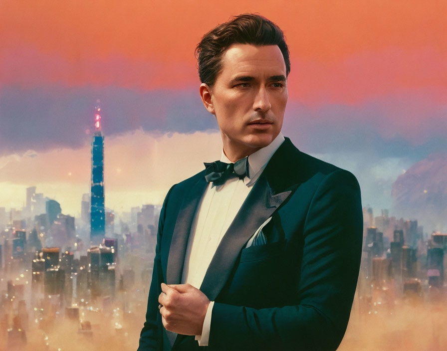 Stylish person in suit with bow tie against colorful cityscape at dusk