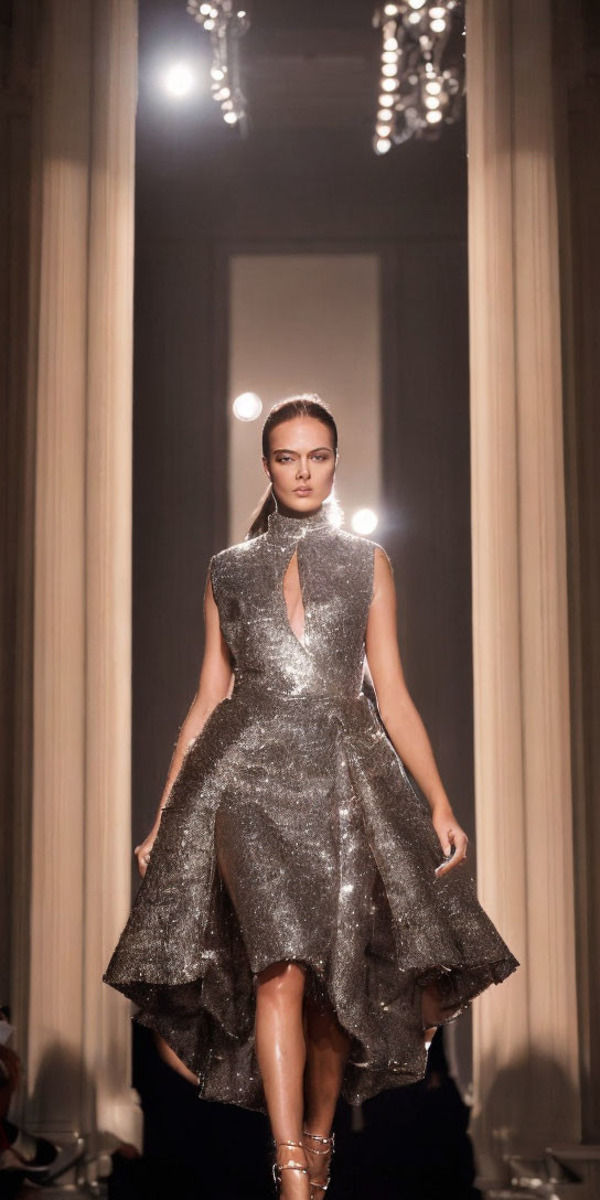 Glittery silver high-low dress on runway with dimly lit audience