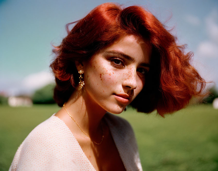 Red-haired woman with freckles and gold earrings in green field and blue sky