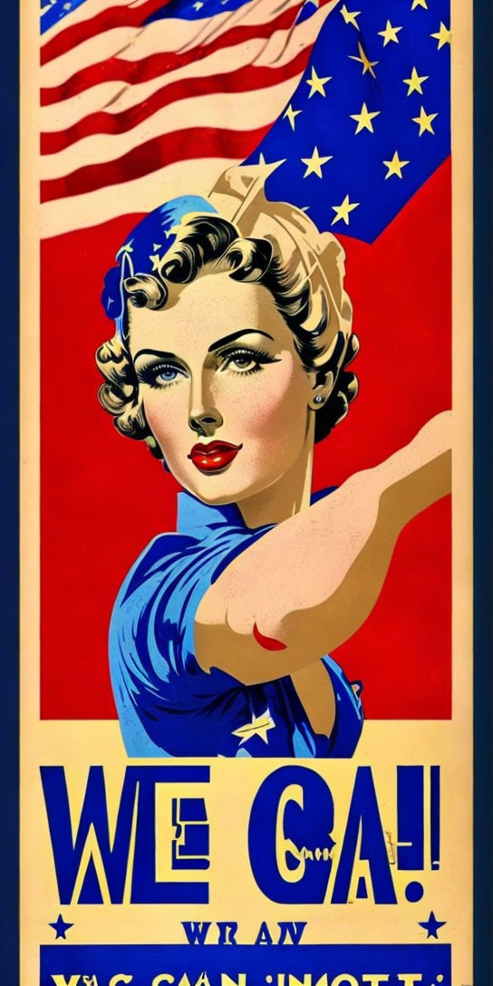 Vintage Poster: Woman Flexing Arm with American Flag Background