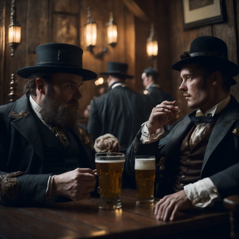 Vintage men in top hats chatting over pints in dimly lit bar