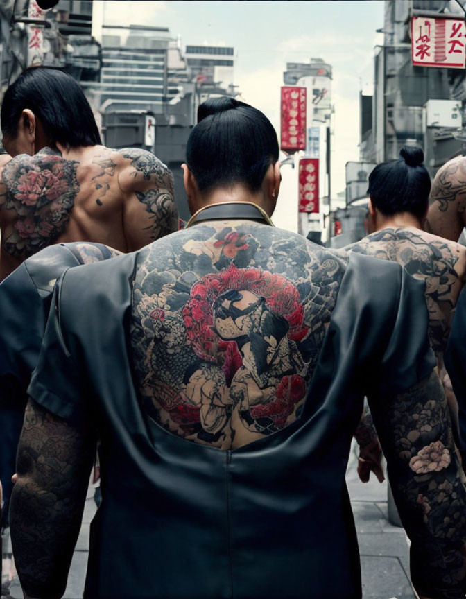 Three individuals with traditional Asian-style back tattoos in silk robes against an Asian-script-filled city backdrop