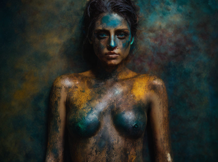 Artistic Body Paint in Deep Blue and Rusty Orange Tones