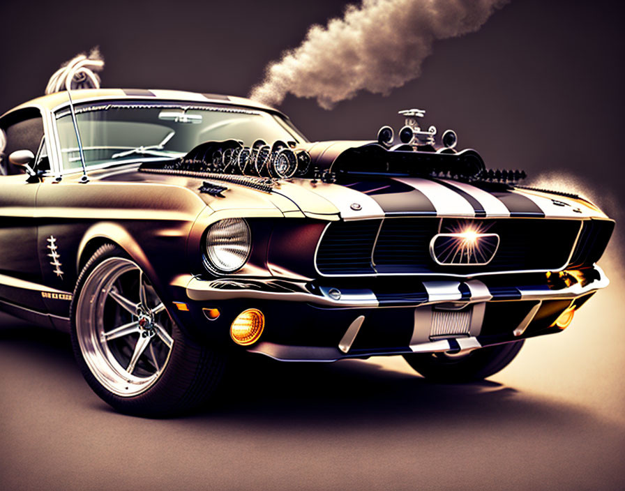 Vintage Black Mustang with White Racing Stripes and Exaggerated Supercharger