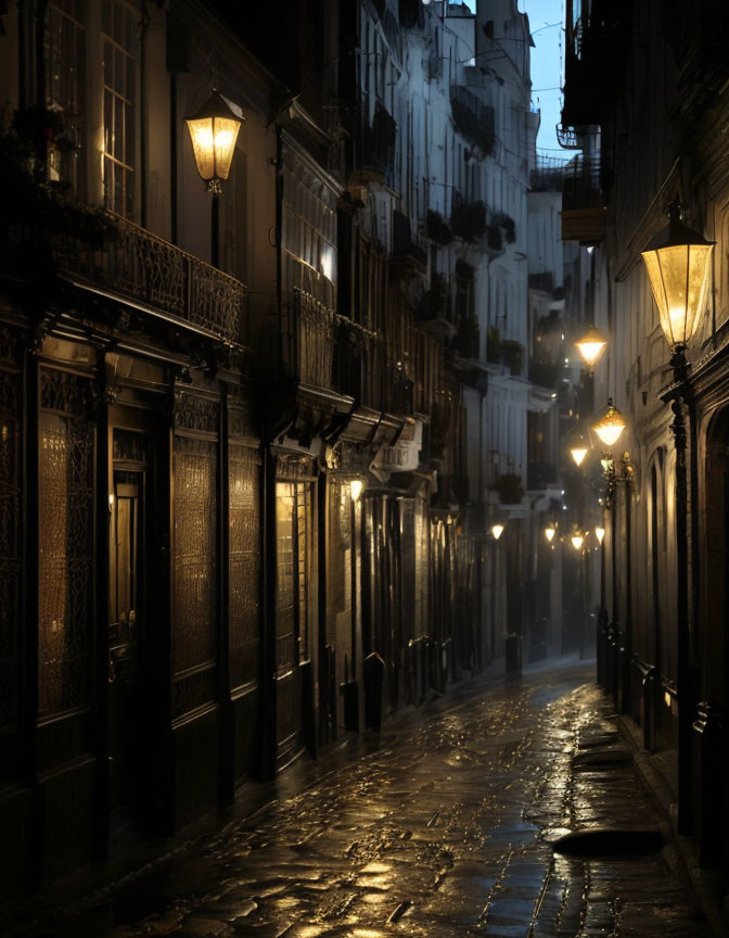 Vintage street lamps illuminate mysterious cobblestone street