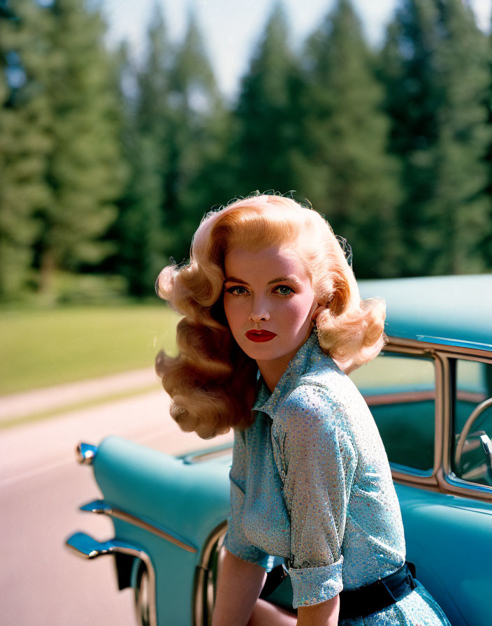 Glamorous woman with wavy hair by classic car in lush setting