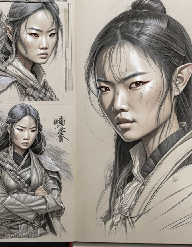 Fictional Female Warrior Sketches: Asian Features, Intense Gaze, Side Profile, Action