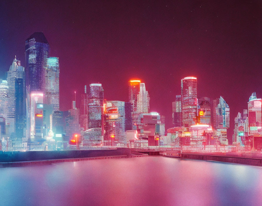 Vibrant neon nightscape of city skyline reflected in water