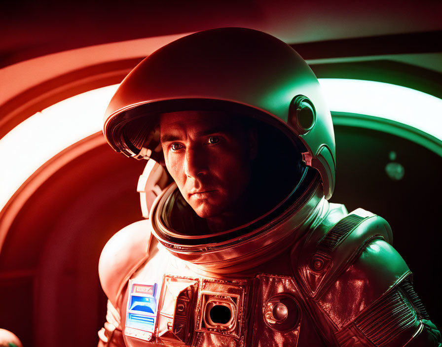 Silver spacesuit astronaut with reflective visor under red and green lights