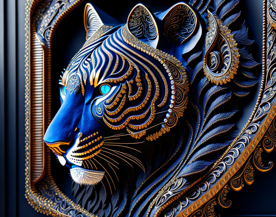 Blue and Gold Tiger's Head with Elaborate Designs on Dark Background