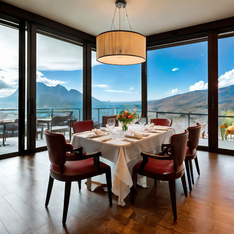 Elegant dining room with set table, mountain views, and pendant light