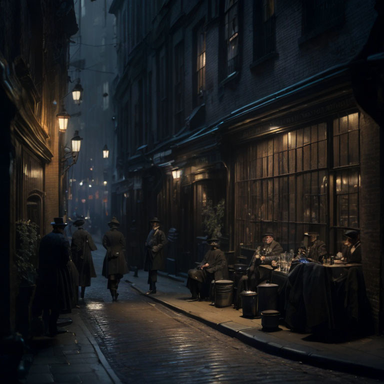 Vintage lanterns light up cobbled street at night with period clothing, shops, and moody ambiance