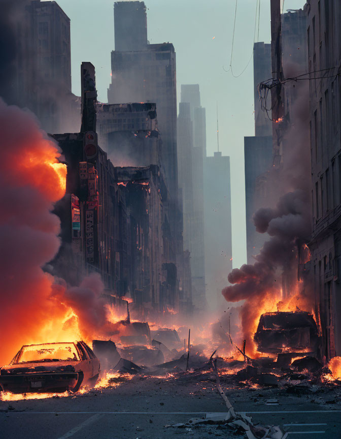 Destroyed city street with fires, smoke, and debris near damaged skyscrapers