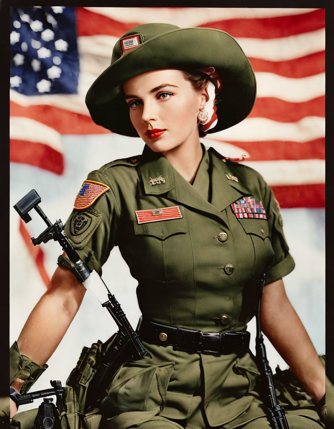 Vintage military uniform woman with rifle and American flag pose