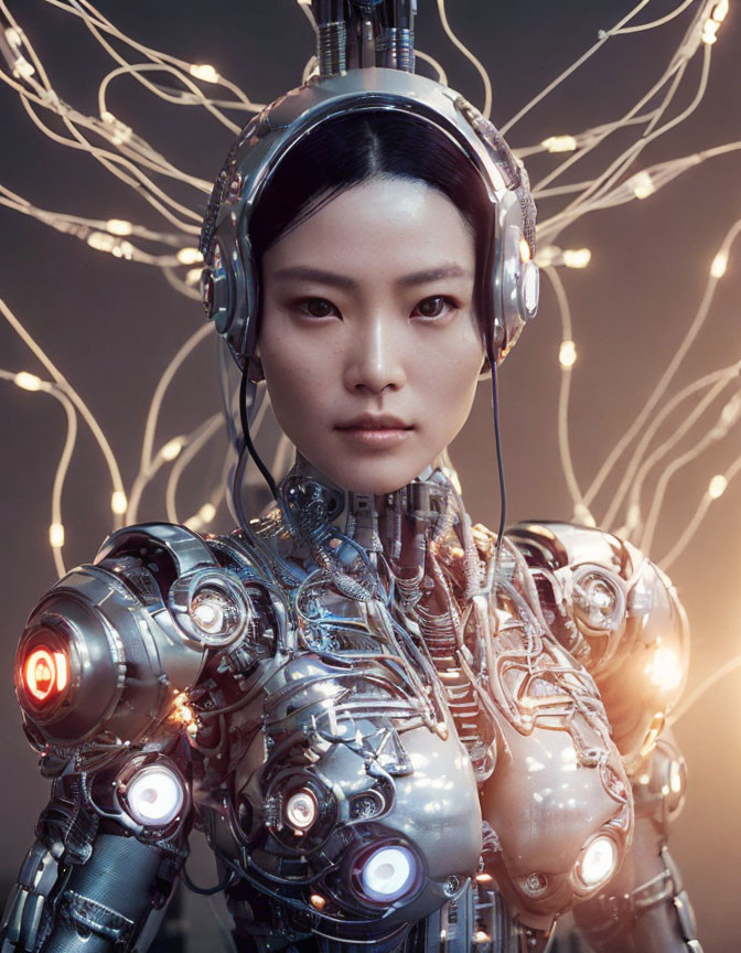 Realistic Female Face on Humanoid Robot with Detailed Mechanical Body