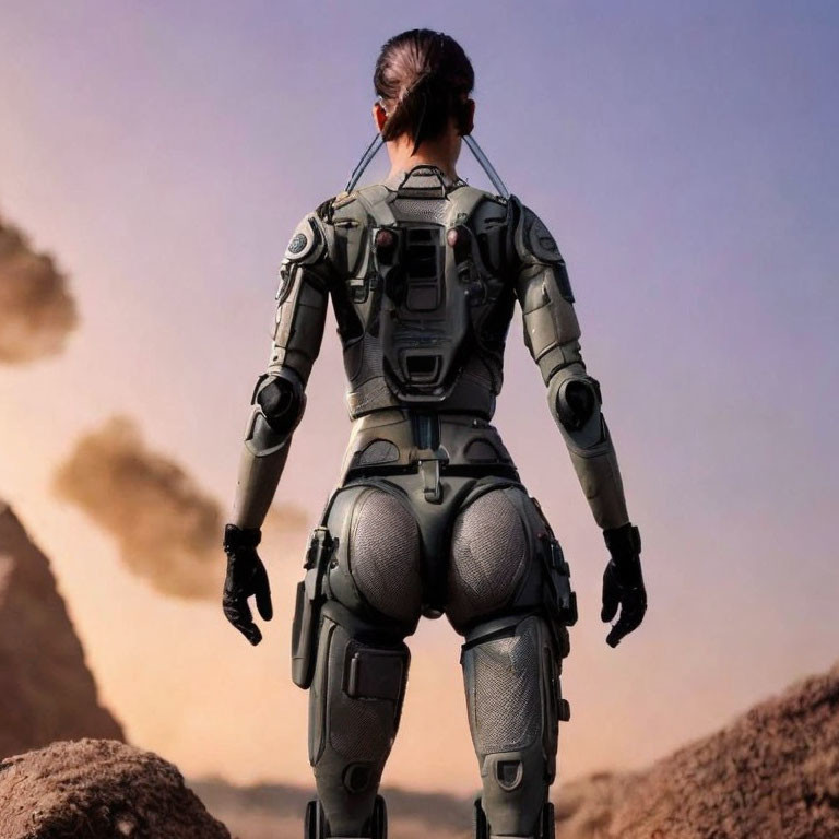 Futuristic figure gazes at rocky terrain with smoke plume