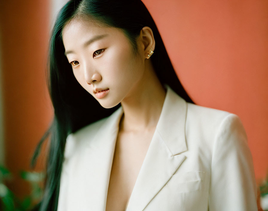 Long-Haired Woman in White Blazer on Red-Orange Background