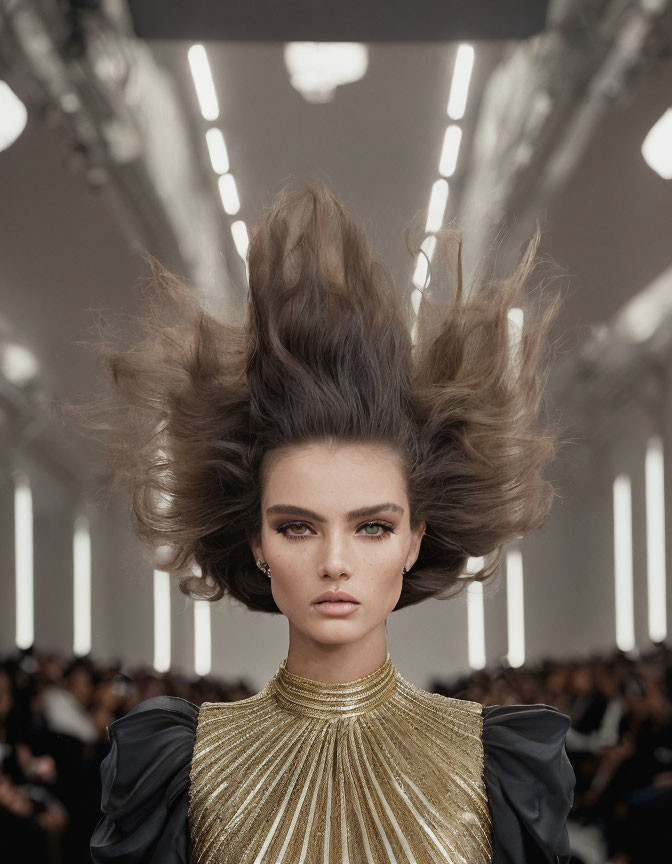 Fashion model in dramatic outfit on runway with windswept hair