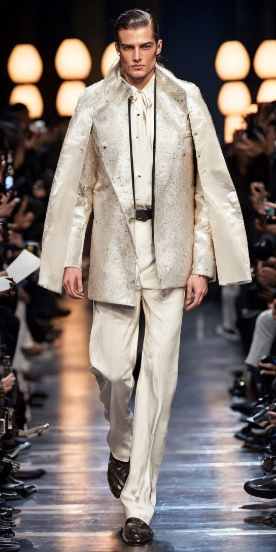 Male model showcasing creamy white suit with shimmering coat, buttoned-up shirt, black belt, and