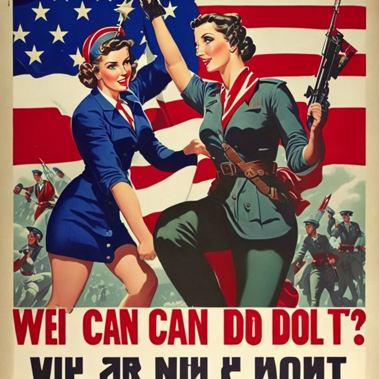 Vintage Military-Inspired Poster with Two Women in Uniforms