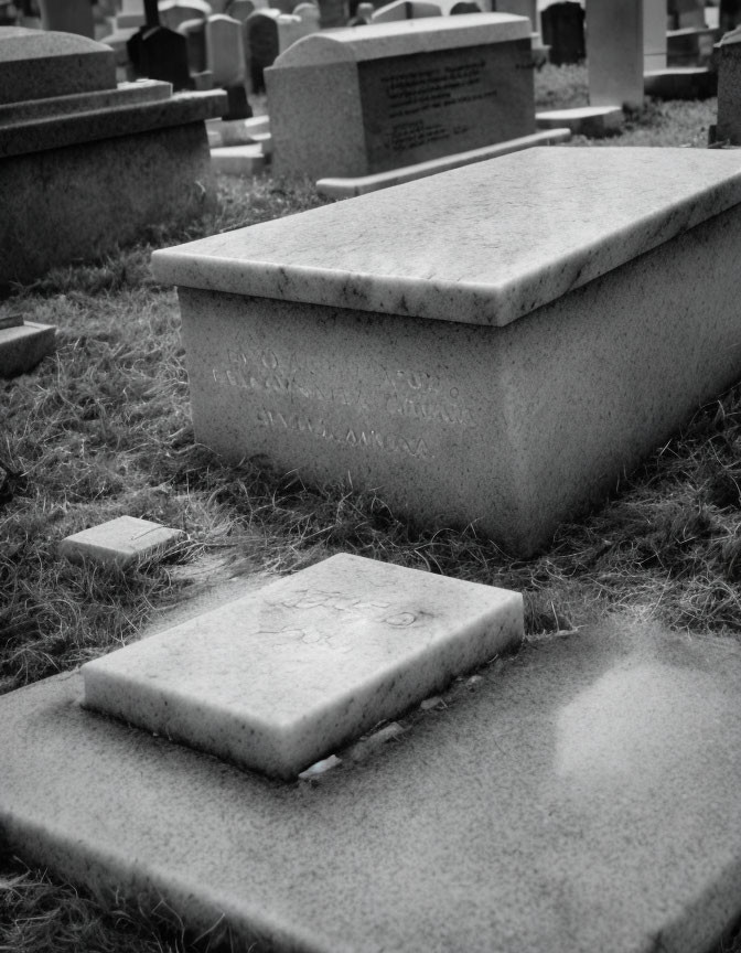 Grayscale cemetery scene with close-up stone grave and inscriptions.