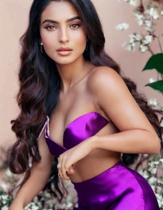 Woman in Violet Strapless Dress with Long Wavy Hair Among Light Pink Flowers