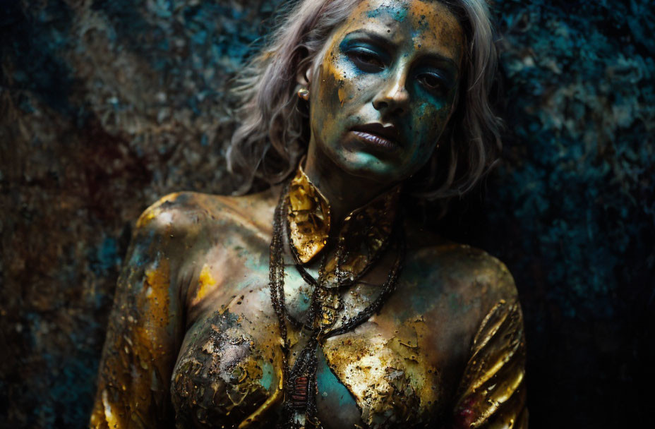 Woman with Golden Body Paint and Dramatic Makeup on Textured Blue Background