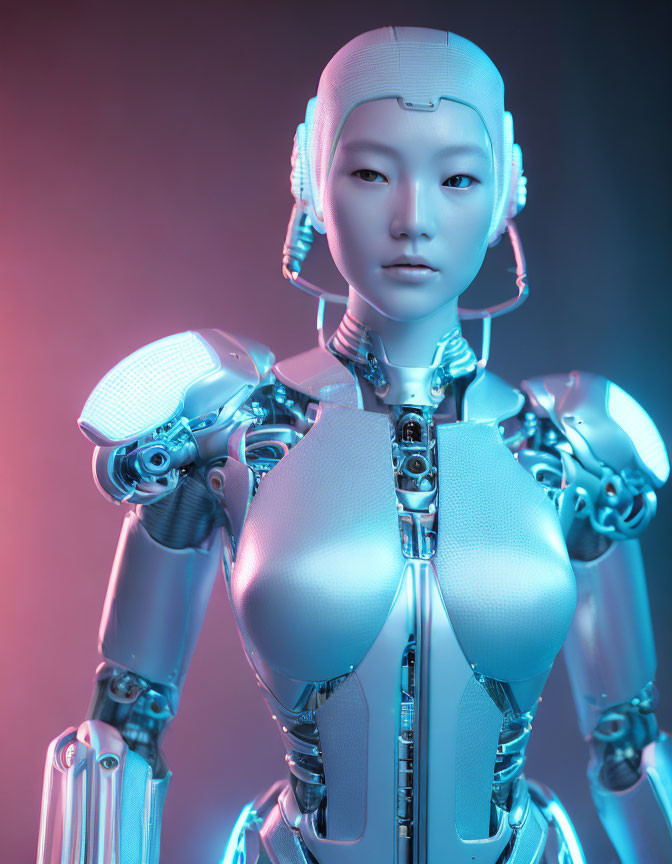 Female humanoid robot with intricate mechanical details on pink and blue gradient background