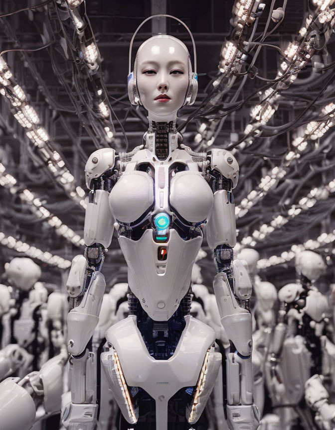 Realistic female humanoid robot among assembly of robots under bright ceiling lights