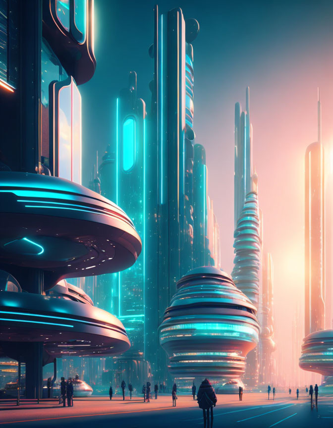 Futuristic cityscape with glowing neon lights and towering skyscrapers