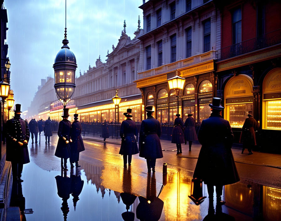 Classic Attire Pedestrians in Evening Street Scene