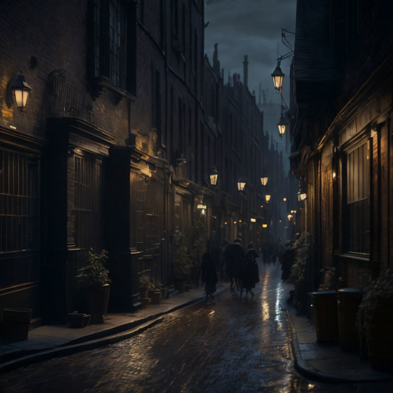 Cobblestone Street at Night with Glowing Lamps and Silhouettes