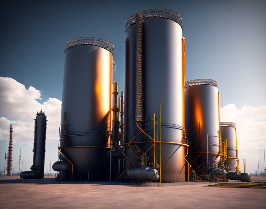 Towering storage tanks and complex piping at industrial facility dusk.