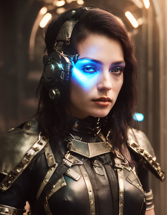 Futuristic cyberpunk woman with glowing blue eye enhancement in dimly lit corridor