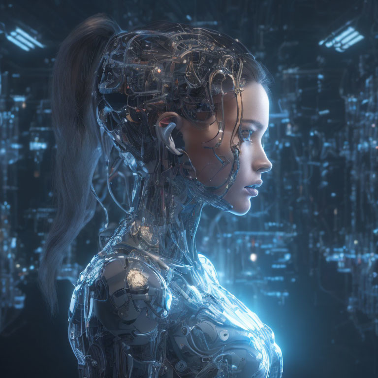 Detailed futuristic female android with mechanical body and wires on blue-lit digital background