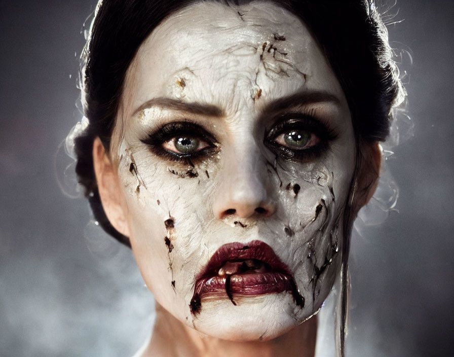 Woman with cracked porcelain makeup and darkened eyes.