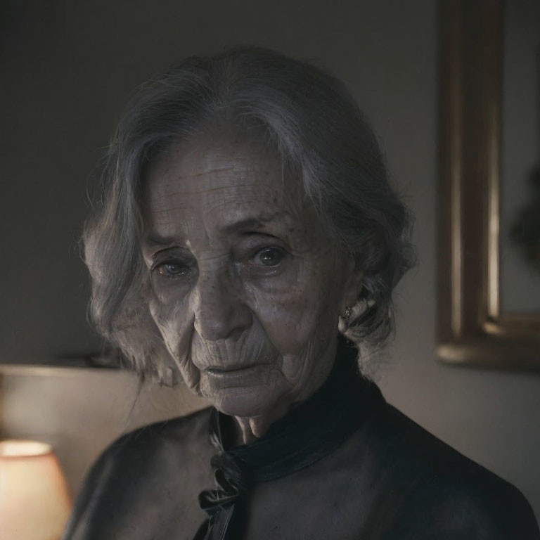 Elderly woman with gray hair and deep wrinkles gazes thoughtfully at the camera in soft light