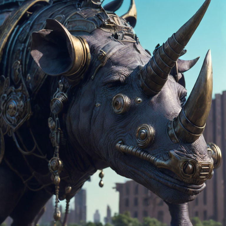 Stylized armored rhinoceros with metallic enhancements and ornamental decorations.