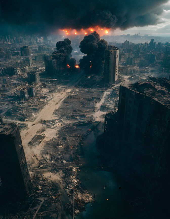 Damaged high-rises and explosions in dystopian cityscape.