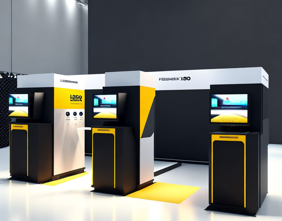 Sleek Black and Yellow Exhibition Booth with Interactive Kiosks