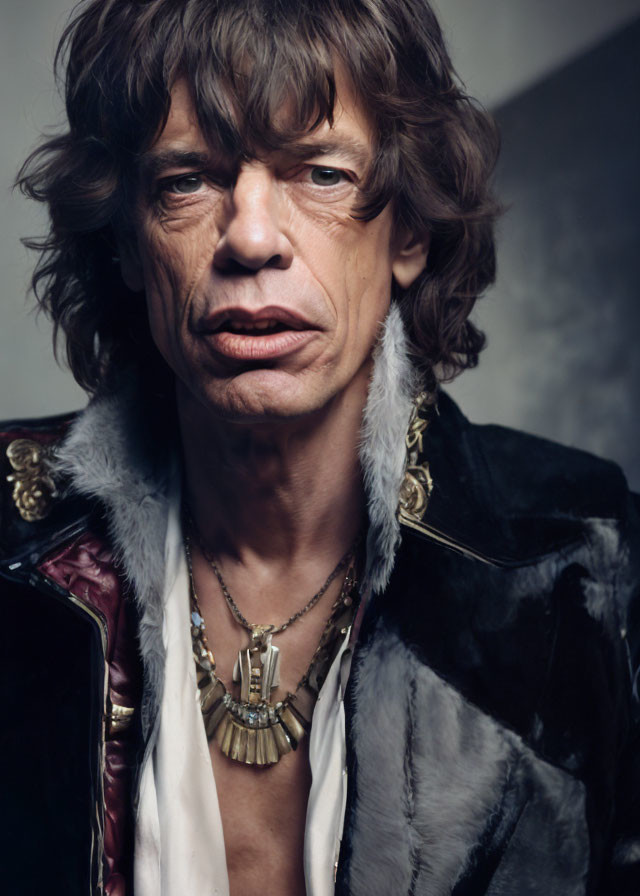 Man with Shoulder-Length Wavy Brown Hair Portrait in Luxurious Fur-Trimmed Coat