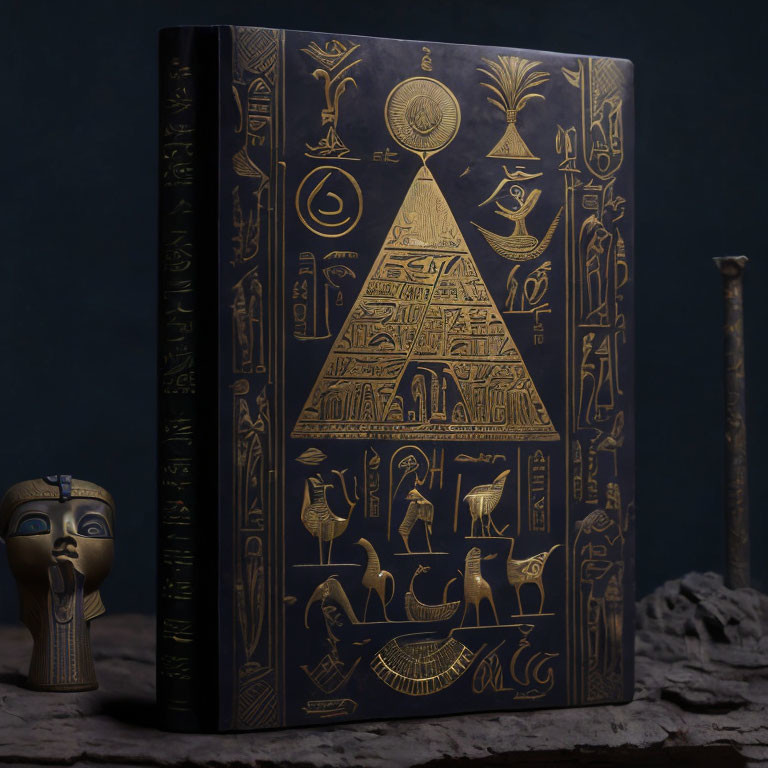 Ornate Egyptian-themed book cover with hieroglyphs, pyramid, and statue