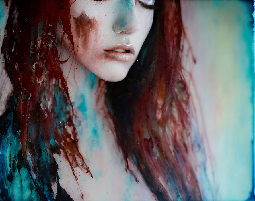 Woman's face close-up with watercolor-like effects in blues and reds