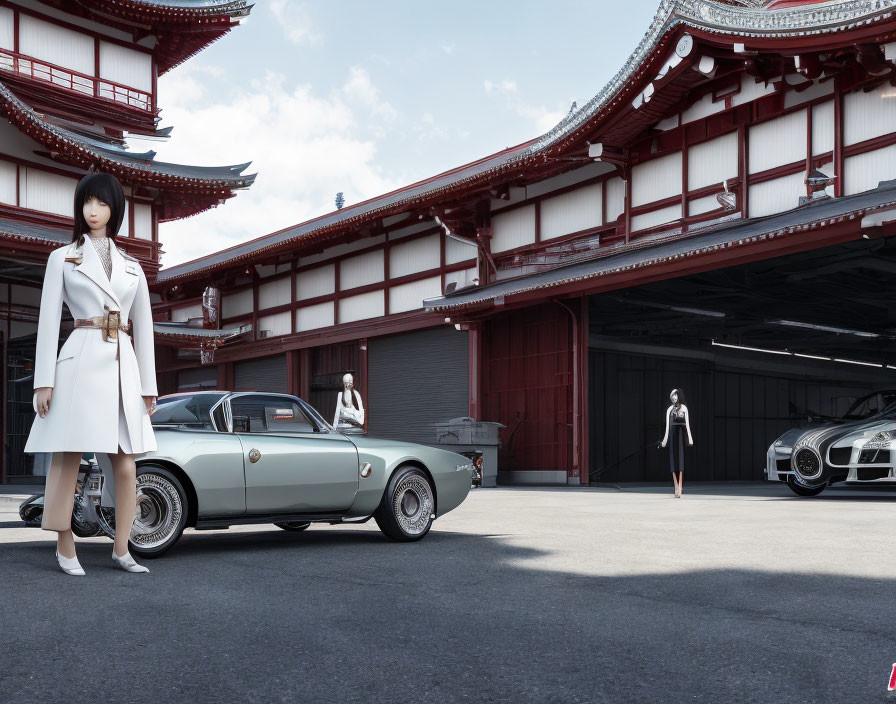 Stylish woman posing with classic car and building in background