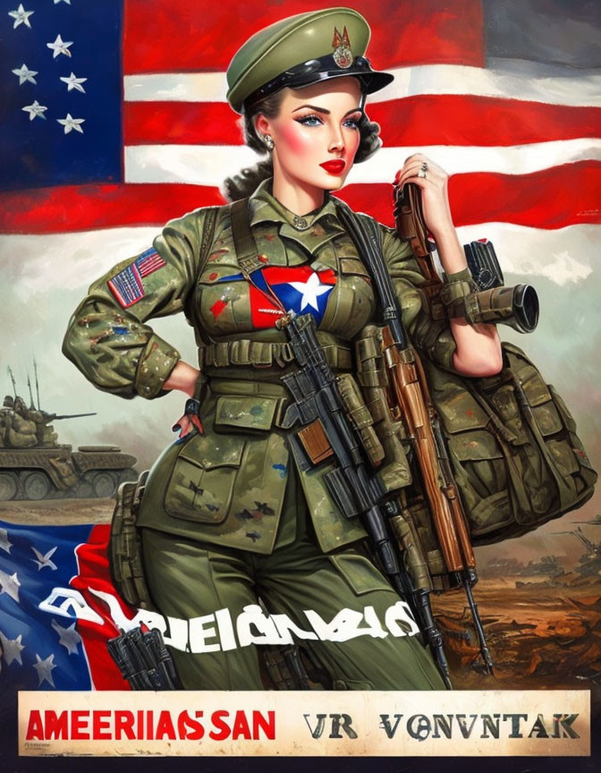 Illustration of woman in military uniform with American flag elements and tanks in background